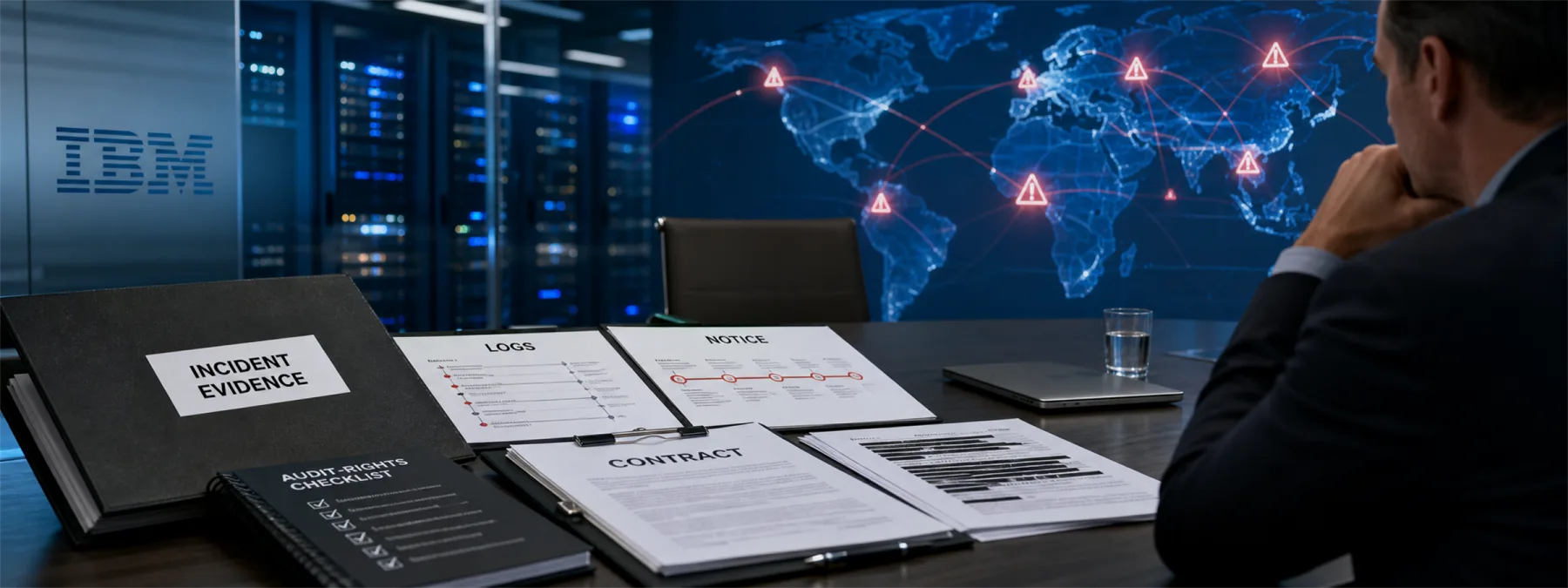 Business owner reviewing vendor incident response evidence beside abstract IBM and telecom infrastructure visuals.