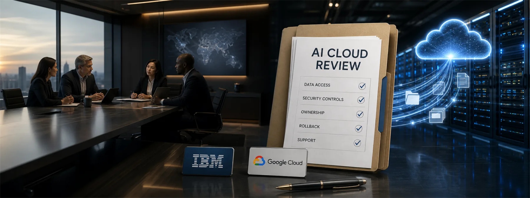 Business owner reviewing an AI and cloud modernization proposal with vendor accountability checkpoints