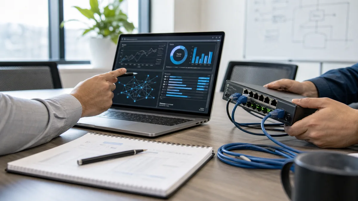 IT diagnostics dashboard and network equipment being reviewed for root cause analysis