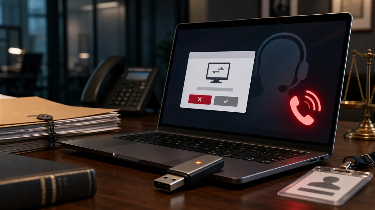 A business employee pauses before granting remote access to a caller pretending to be IT support.