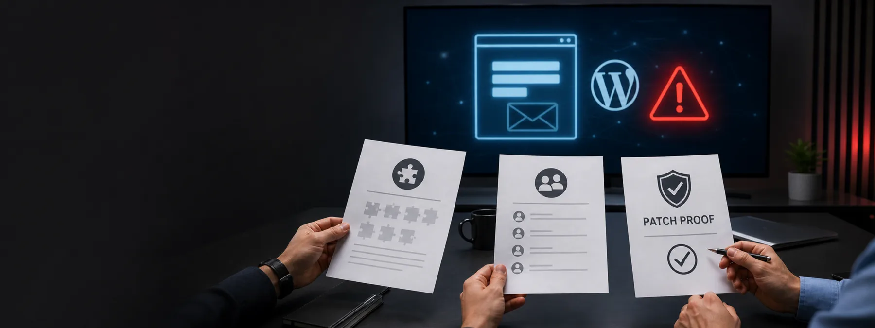 Business owner reviewing WordPress website plugin patch proof and admin account risk.