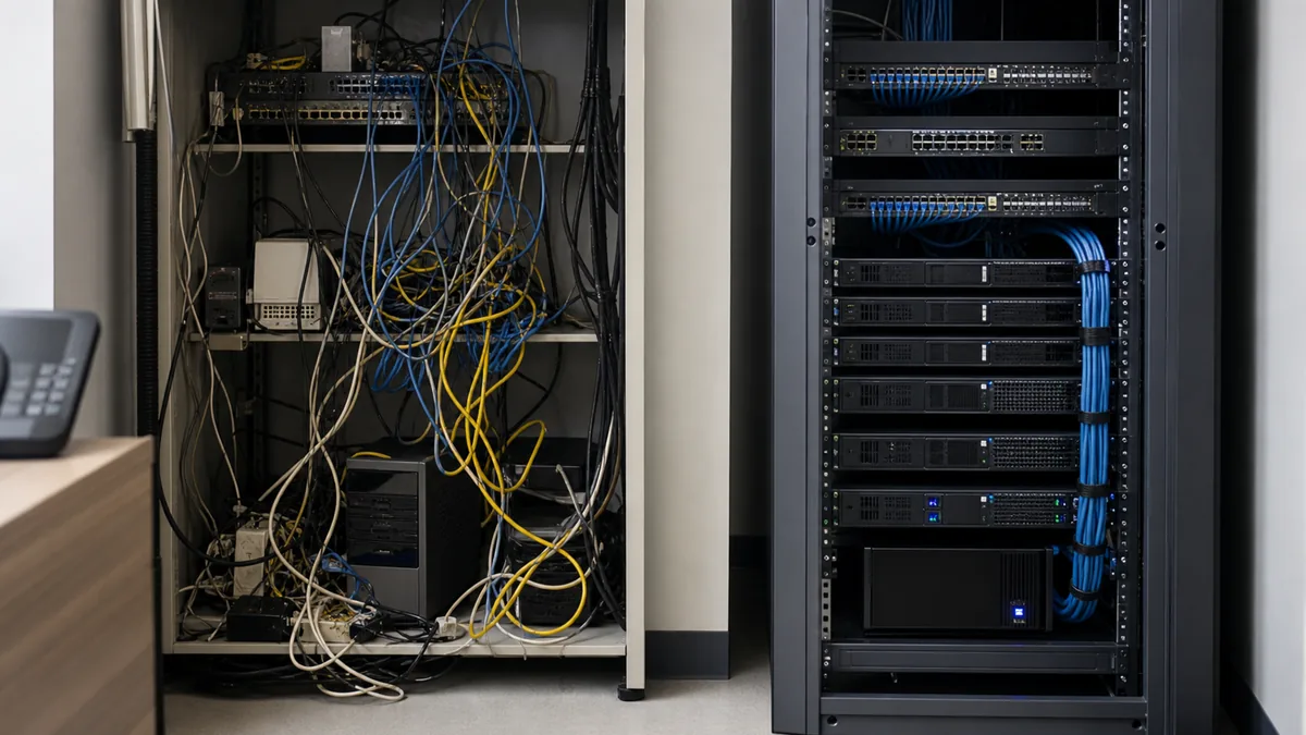 Messy low-cost network cabling beside a clean organized rack