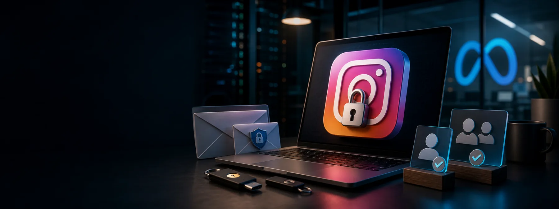 Editorial image showing business social media account recovery controls and a locked Instagram-style account access screen.