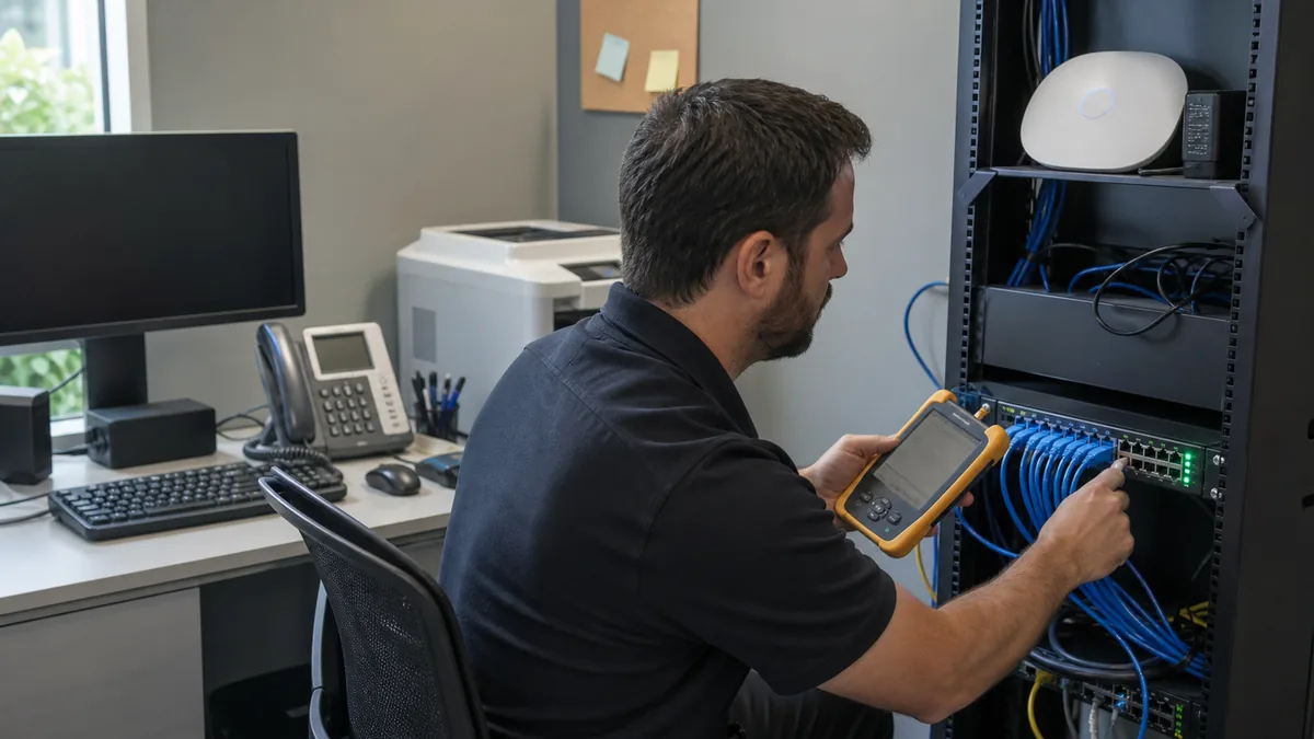 Technician checking network cabling behind everyday office computer problems
