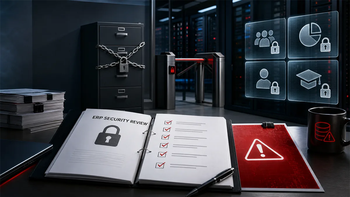 Editorial image showing an ERP system approval folder under security review after an Oracle PeopleSoft zero-day alert.