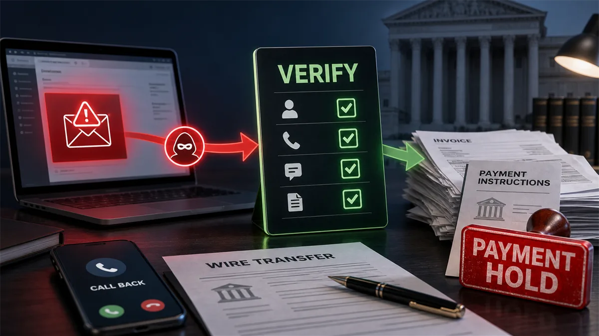 Editorial image of a business owner reviewing wire transfer instructions, verified payment controls, and a business email compromise warning before approving a large payment.