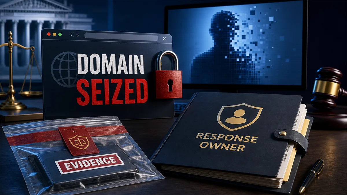 Editorial image of a DOJ-style domain seizure notice and response checklist for a deepfake takedown incident.