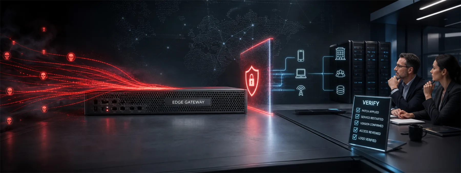 Editorial image of an exposed mobile gateway appliance under attack while a business owner reviews patch evidence and compromise checks.