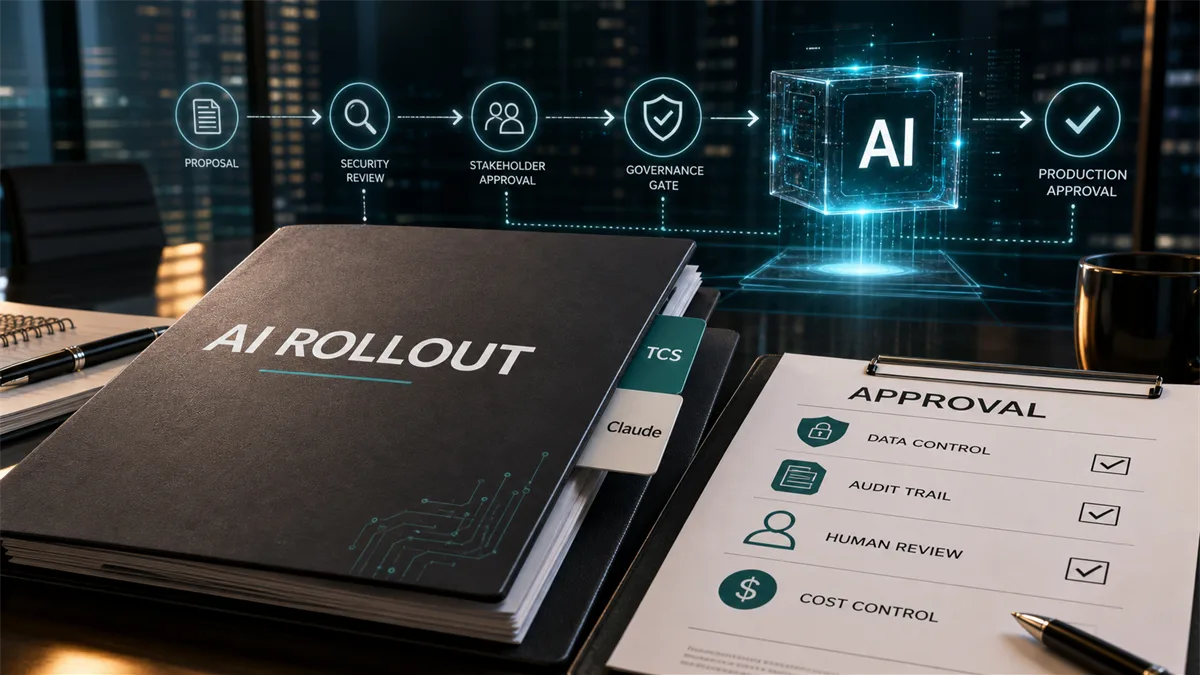 Editorial image of a business owner reviewing an AI rollout approval board with Claude and TCS partnership signals, data controls, audit checks, and vendor accountability.