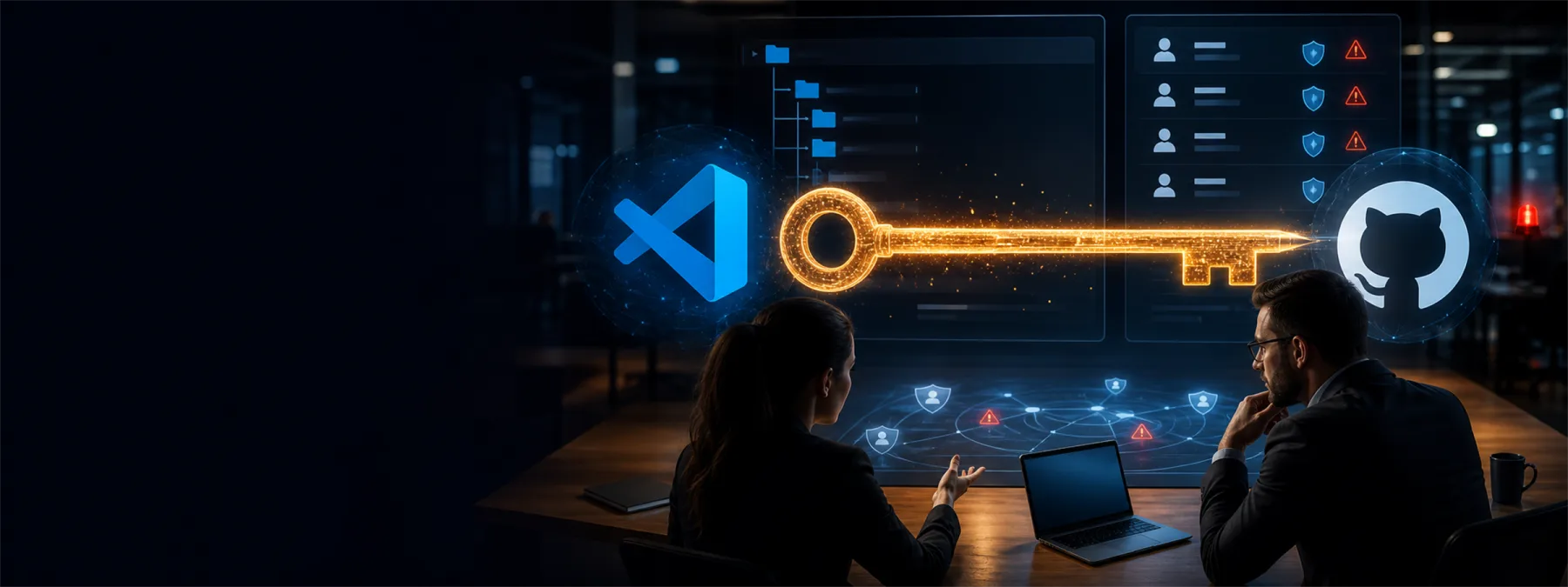 Business owner reviewing GitHub source-code access, developer tools, and token permissions after a VS Code security report.