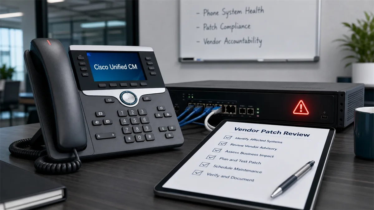 Business owner reviewing Cisco phone system patch status and vendor accountability for a VoIP communications platform.