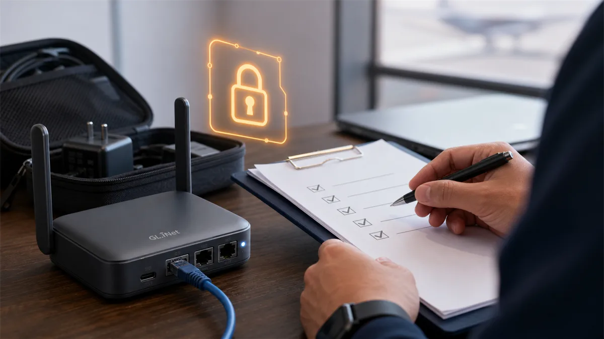 Business owner reviewing small router firmware inventory and remote access risk.