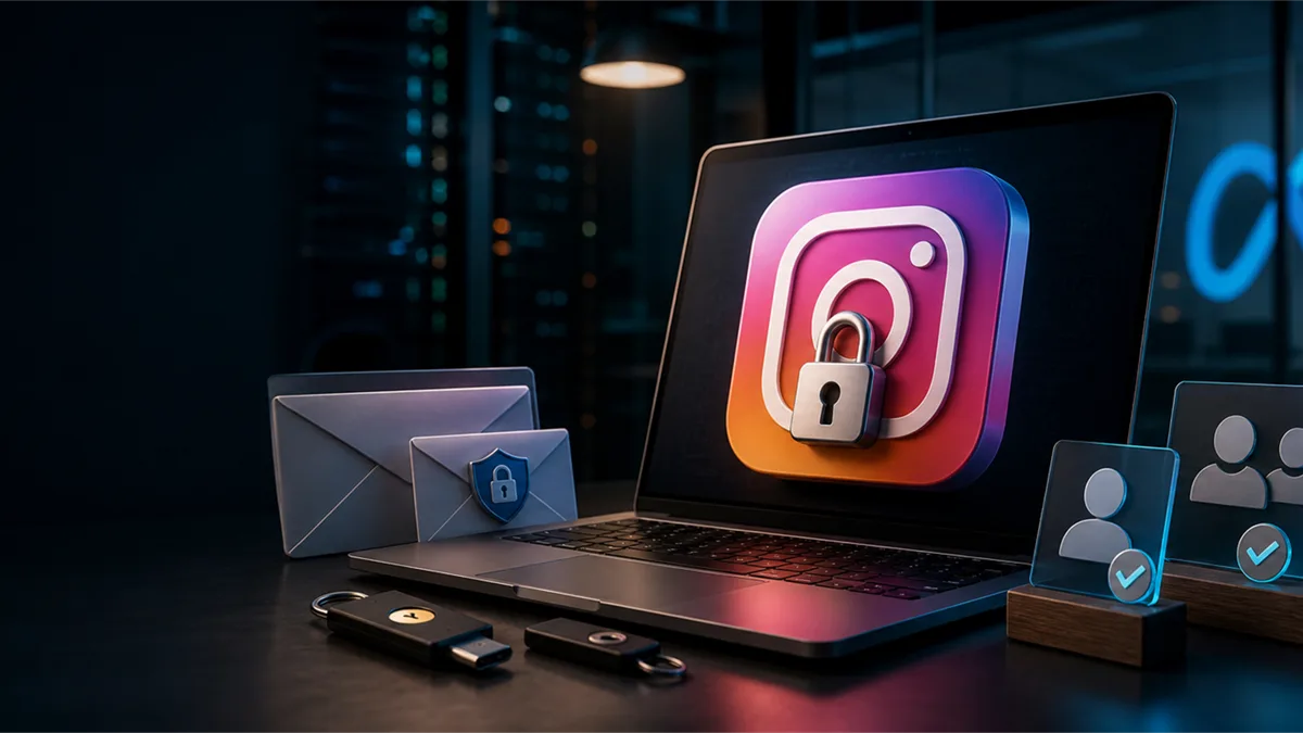 Editorial image showing business social media account recovery controls and a locked Instagram-style account access screen.