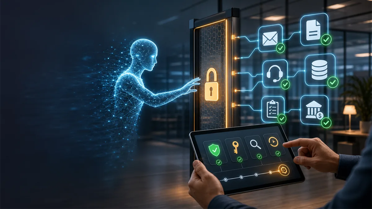 Business owner reviewing AI agent access permissions and approval controls on a modern technology workstation.