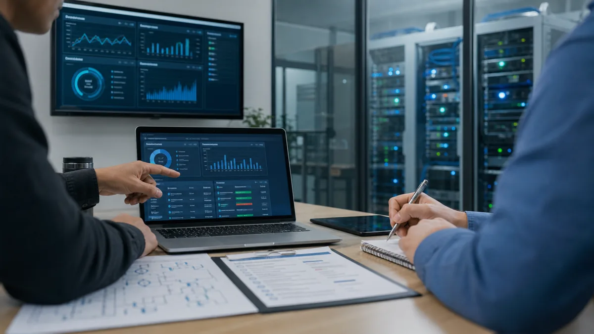 IT accountability review with dashboards, service notes, and infrastructure visible